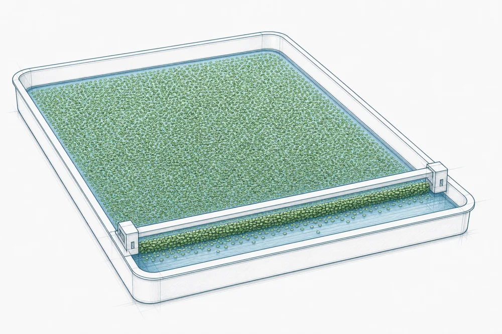 Konzeptskizze: ein Abschöpfbalken fegt Wasserlinsen über eine Schale in einen Ernteschwaden
