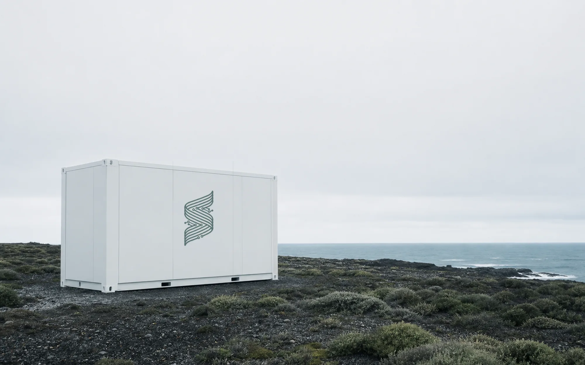 Concept render of a white modular SERAPH cultivation unit on a volcanic coastline above the sea, with the SERAPH mark on its side. No unit has been built yet.
