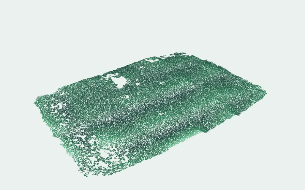 Una bandeja de cultivo de lenteja de agua reconstruida en 3D por el sistema de visión de SERAPH, sombreada según la altura del dosel